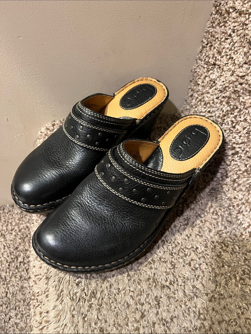 b.o.c. Black Leather Studded Slip-On Clogs